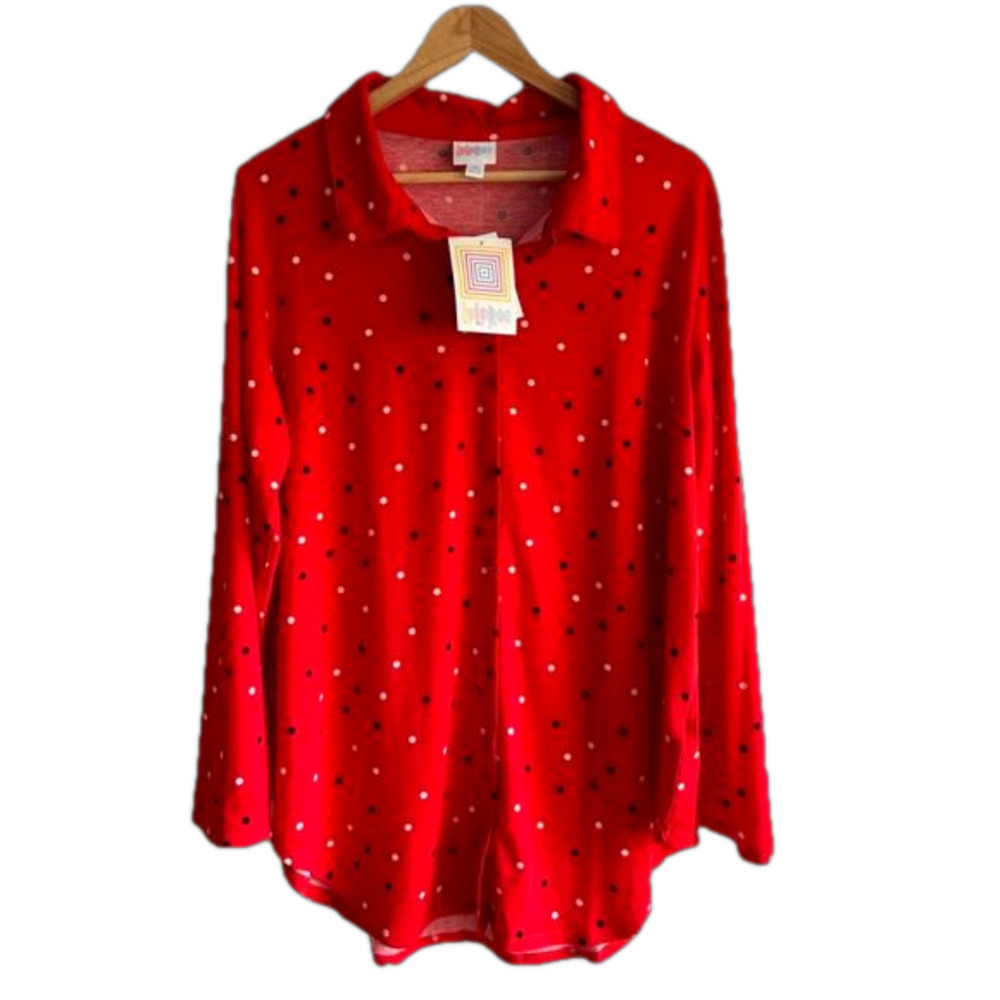 LULAROE Valentina Button down Stretchy Red Polka Dot Top size X-large
